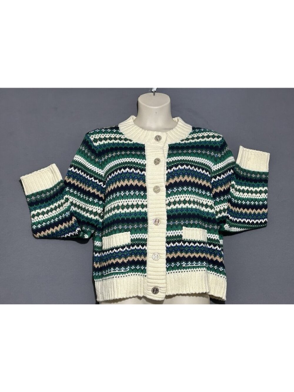 Talbots Fair Isle Bulky Knit Green Gold Button Pockets Cardigan Sweater XL NWOT